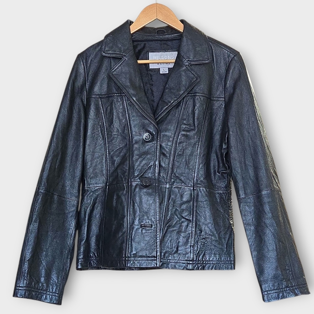 Wilsons Leather Maxima Vintage Black Leather Blazer Jacket Large